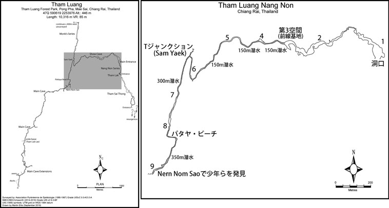ルアン洞窟平面図(ウェブサイト「Caves & Caving in Thailand」より引用・加筆)